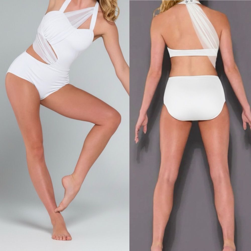 Kelle dance costume white cream leotard cutout ILLUSIONS 5404 teen